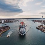 Virgin Voyages Scarlet Lady sails out of Portsmouth harbour